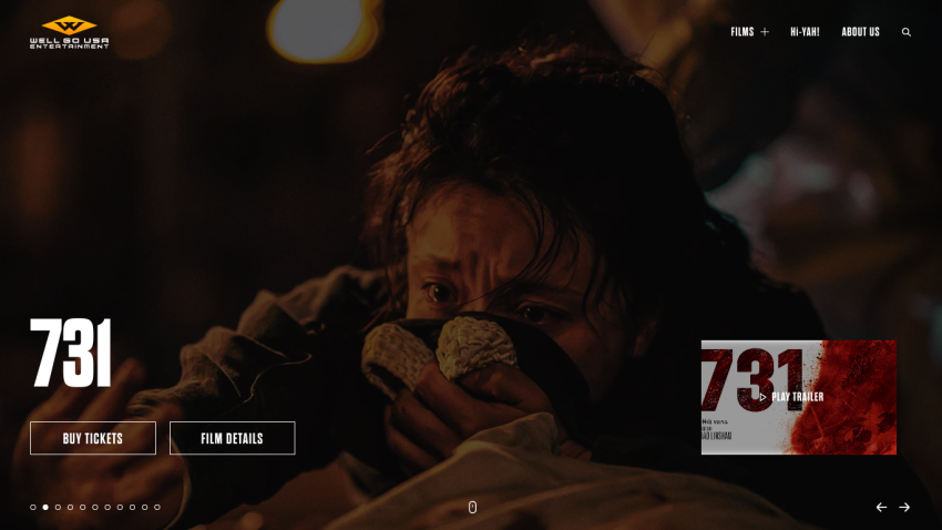 Well Go USA Entertainment homepage featuring the film '731' with options to buy tickets and view film details