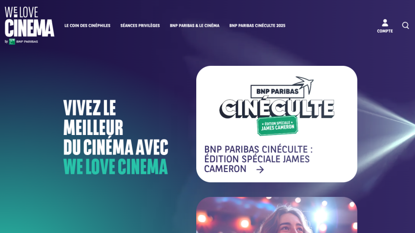 We Love Cinema website homepage with navigation and special James Cameron edition promotion