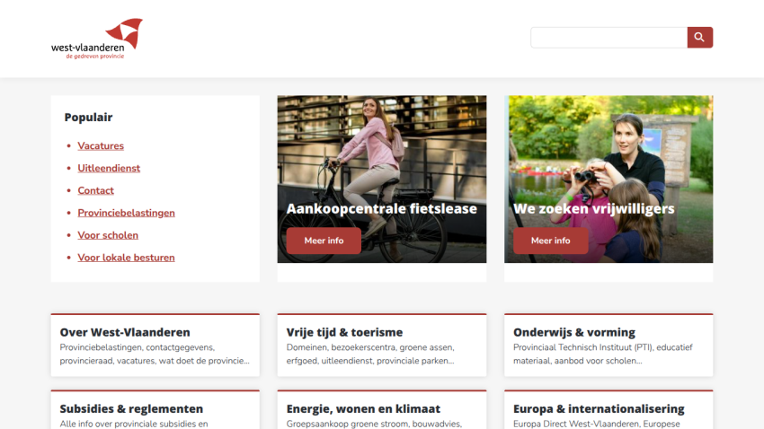 West Flanders regional website homepage with navigation links and three main images linking to news and volunteer sections