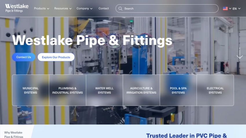 Westlake Pipe & Fittings homepage with navigation, search, and product system categories