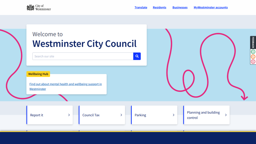 Homepage of Westminster City Council with search bar and key service links.