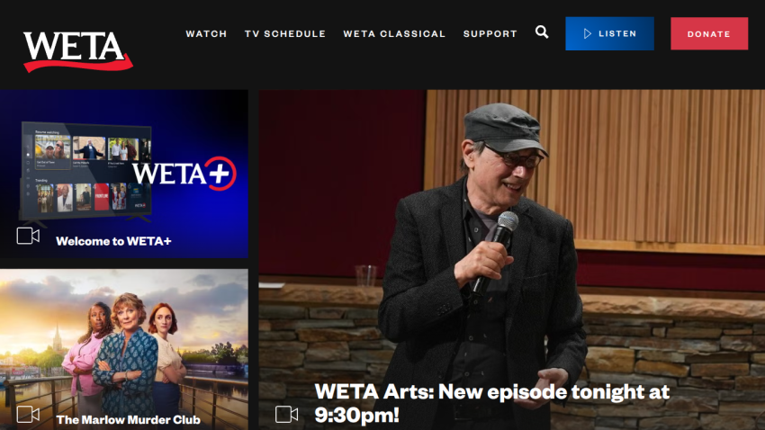 WETA homepage featuring a welcome message and upcoming show details.