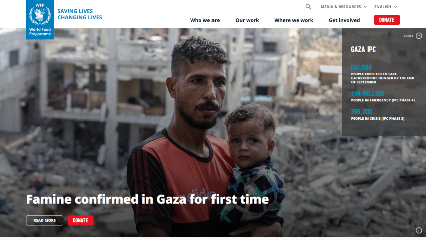 Homepage featuring a man holding a child with a headline about famine in Gaza.