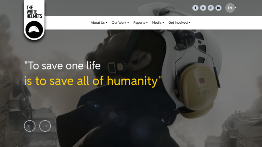The White Helmets website with a slogan about saving lives and humanity, featuring a person in a helmet against a backdrop of smoke and rubble.