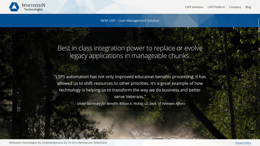 Whitestein Technologies homepage with navigation and testimonial about LSPS automation improving education benefits processing