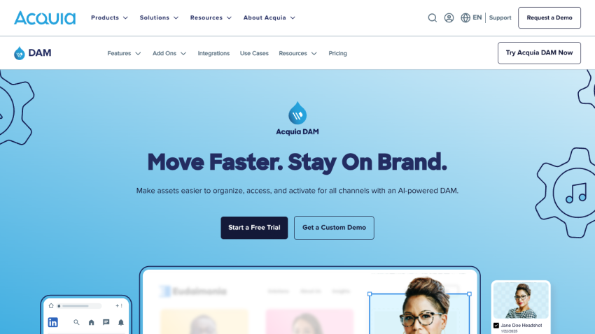 Acquia DAM homepage with headline 'Move Faster. Stay On Brand.' and call-to-action buttons for free trial and custom demo.