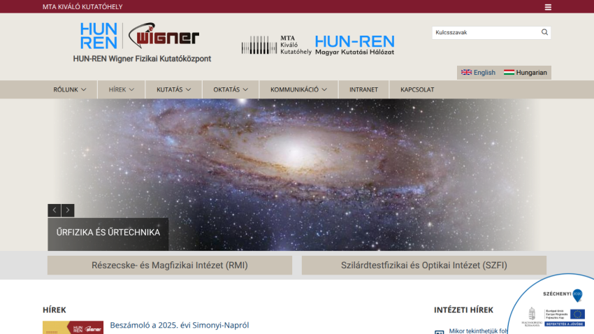 HUN-REN Wigner Physics Research Center homepage with navigation, search, language options, and news sections.