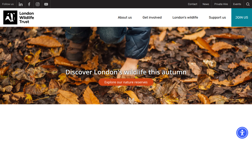 London Wildlife Trust homepage with navigation and a call to explore nature reserves this autumn