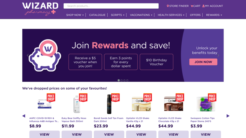 Wizard Pharmacy homepage with rewards program banner and price drop offers on health products