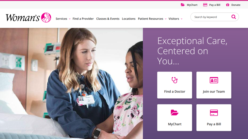 Healthcare website homepage featuring a nurse with patient and quick access to find a doctor, join team, MyChart, and pay bill