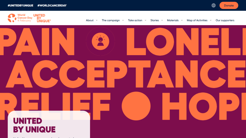 Campaign website featuring bold text on themes of pain, loneliness, acceptance, and hope.