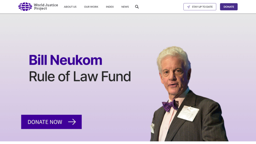 Bill Neukom promoting the Rule of Law Fund with a donation button.