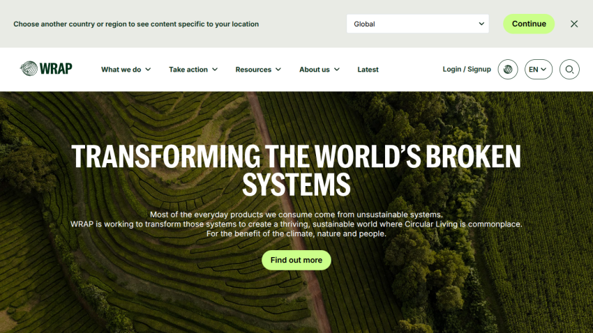 Homepage of WRAP with a focus on transforming broken systems, featuring a call to action button.