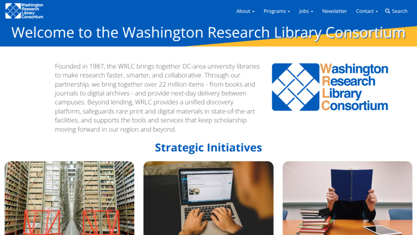 Washington Research Library Consortium homepage with welcome message, strategic initiatives, and navigation menu.