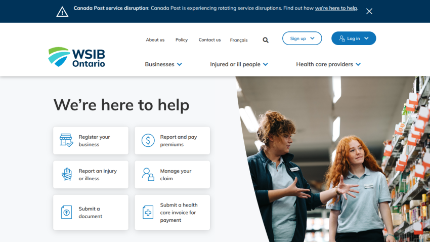 WSIB Ontario support page with options to register injury, report injury, submit claim, manage claim, and contact health services, featuring two women in conversation