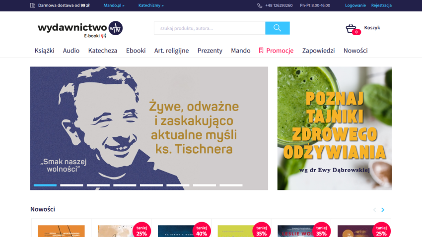 Polish e-book publisher website with navigation, search bar, hero images promoting books on Tischner's thoughts and healthy nutrition