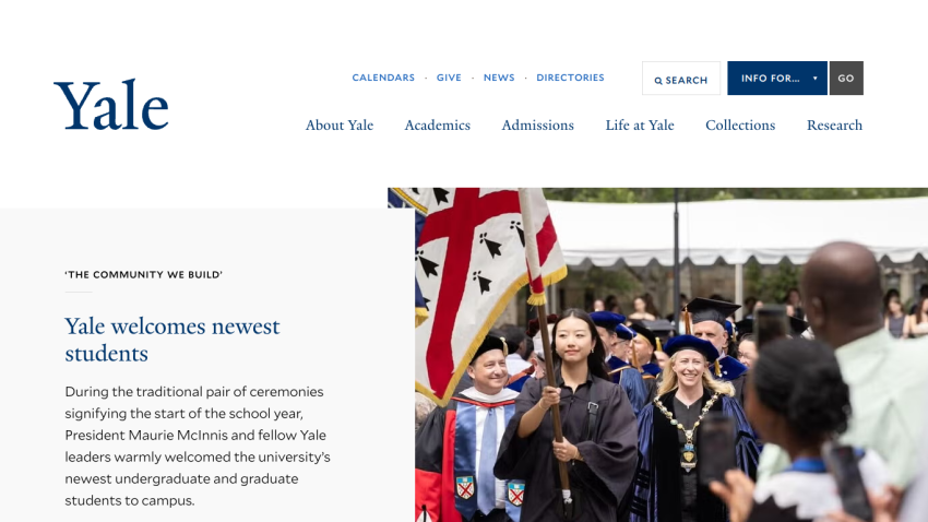 Yale welcomes newest students with a graduation ceremony image and introductory text.