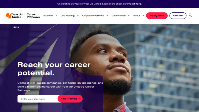Career portal homepage with headline 'Reach your career potential' and a form to enter zip code for job training