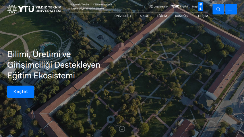 Yıldız Technical University homepage featuring a campus aerial view and educational ecosystem message.