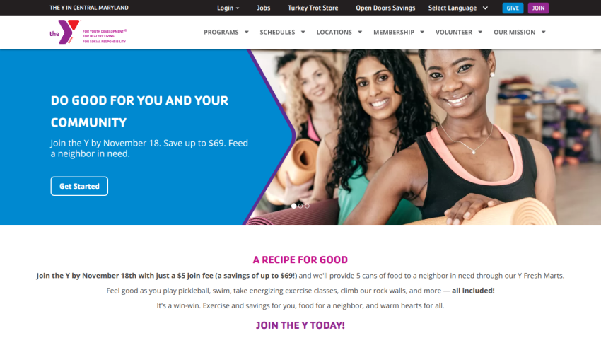 YMCA Central Maryland website promoting community membership with savings and food donation offer