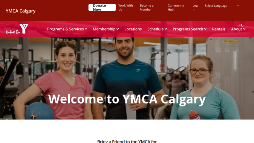 YMCA Calgary homepage with navigation menu and welcome message over gym background featuring three people in workout attire.