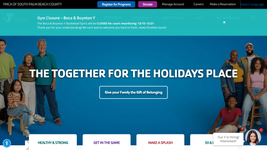 Homepage with navigation bar, large hero image featuring a woman holding a phone, and headline about a new app launch