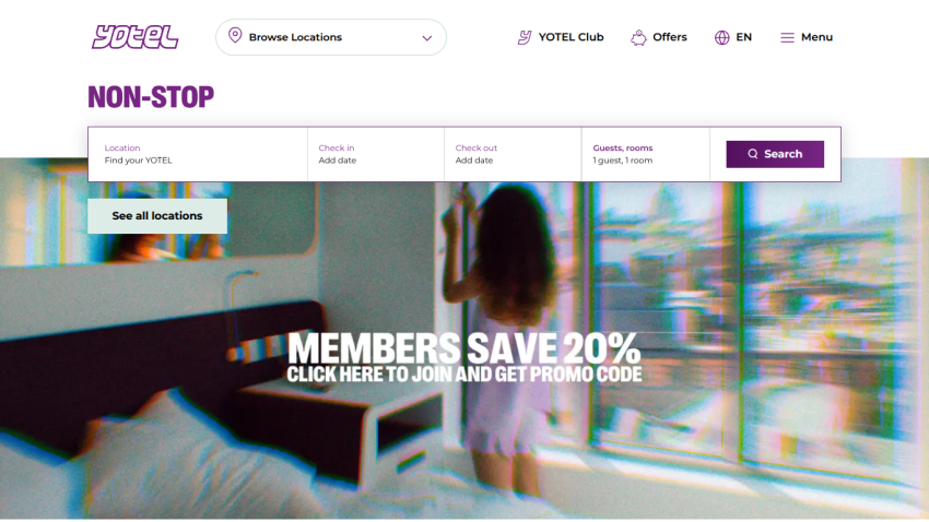 Hotel booking site with a search bar and a promotional message for members saving 20%.
