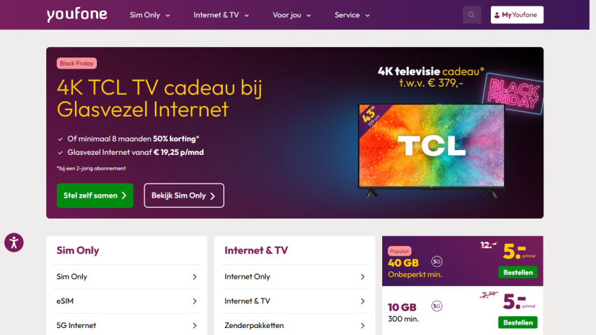 Youfone homepage offering 4K TCL TV gift with fiber internet, Black Friday deals, and navigation for Sim Only and Internet & TV plans