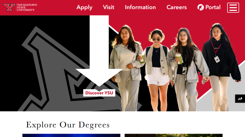 Youngstown State University homepage featuring students and a call to action to discover degrees.