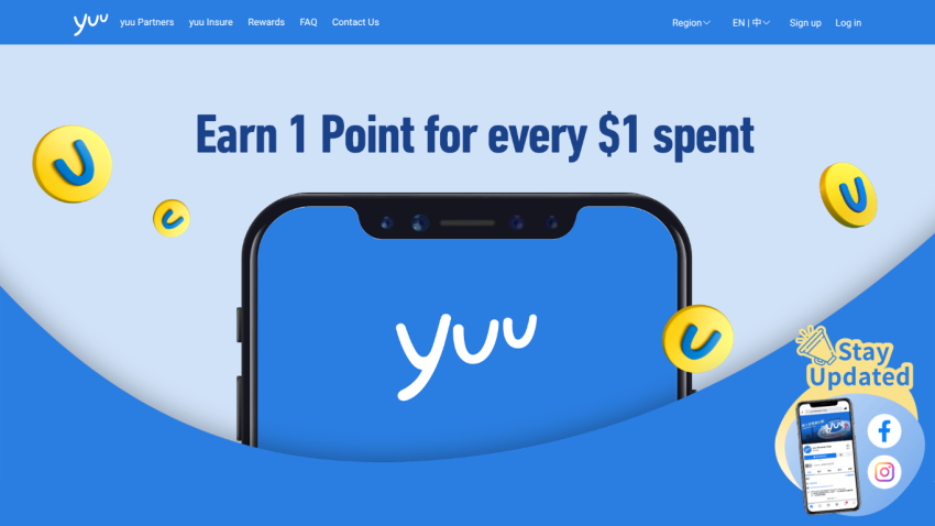 Website header with navigation and hero section promoting earning points for spending, featuring a phone graphic and call to stay updated