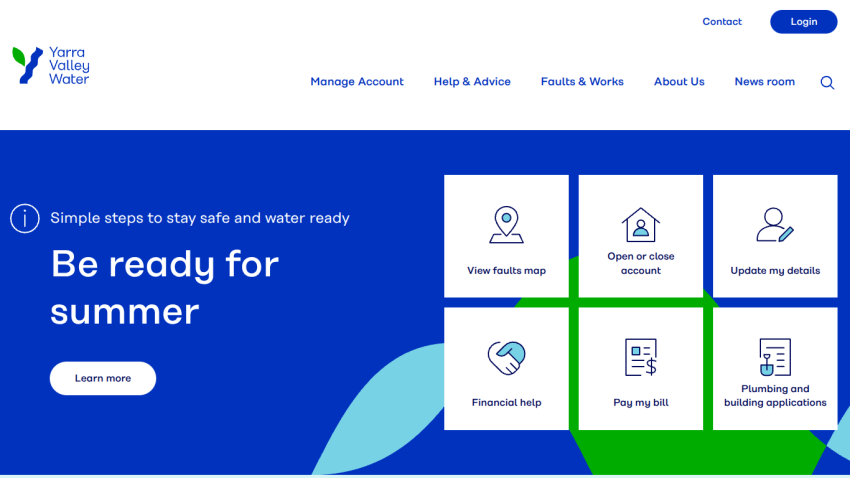 Yarra Valley Water homepage with navigation and options to view rates map, open account, financial help, pay my bills, and plumbing info