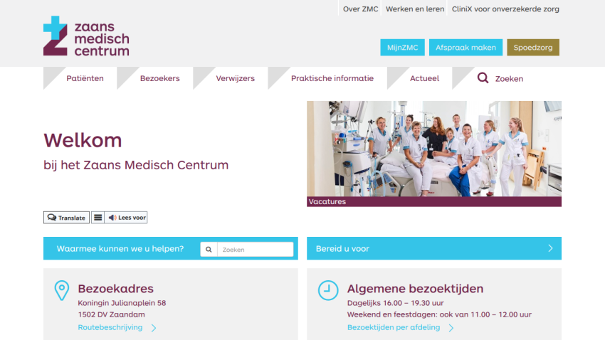 Welcome page of Zaans Medisch Centrum with navigation, search, visit address, and general visiting hours