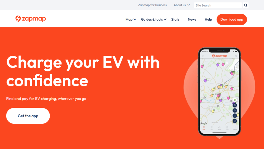 Homepage promoting EV charging app with a phone displaying a map and a call-to-action button.