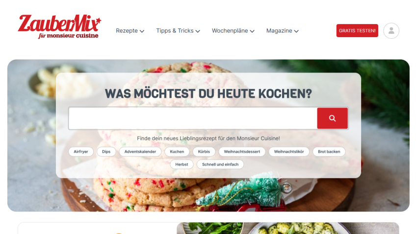 Recipe website with navigation menu and search bar over festive cookies background, inviting to find favorite recipes
