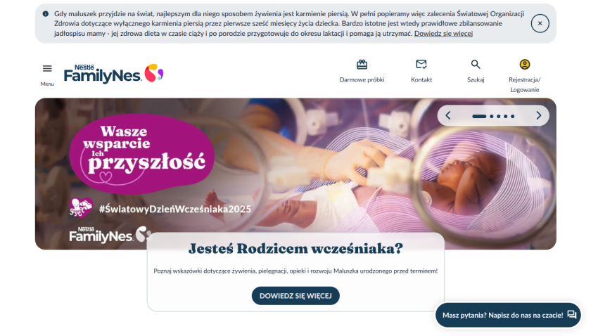 Nestlé Family Nes website with a hero image of a premature baby in an incubator and text about supporting premature babies