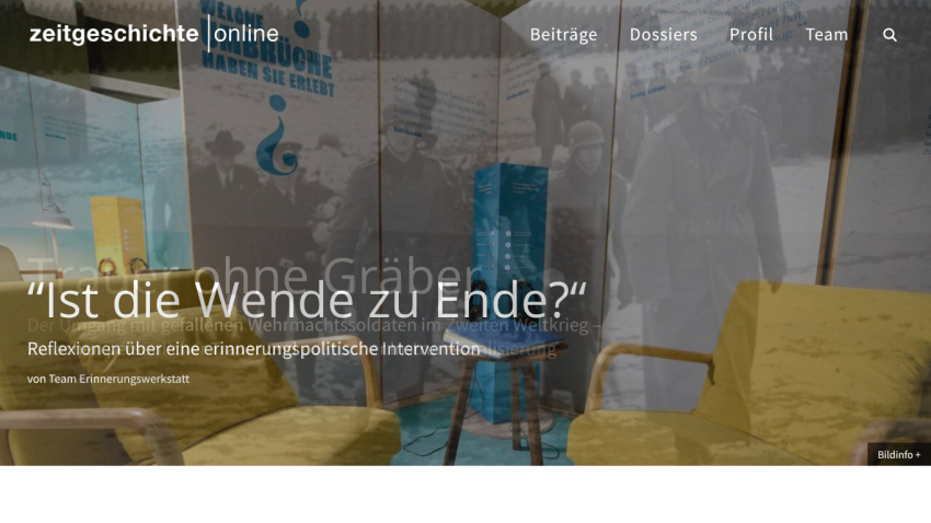 zeitgeschichte online website with navigation and hero article titled 'Ist die Wende zu Ende?' about WWII Wehrmacht soldiers