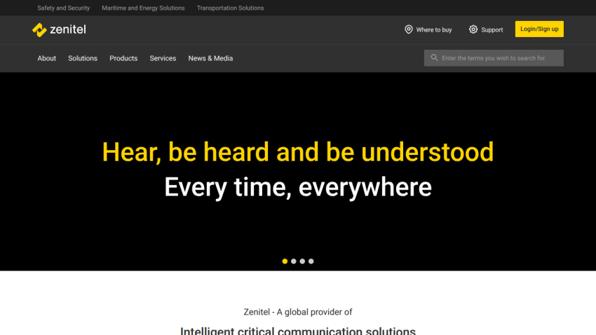 Zenitel website with navigation and hero text promoting intelligent critical communication solutions