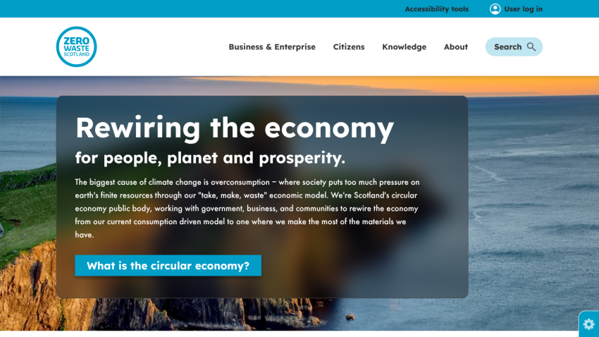 Zero Waste Scotland homepage with navigation and hero text about rewiring the economy for people, planet, and prosperity