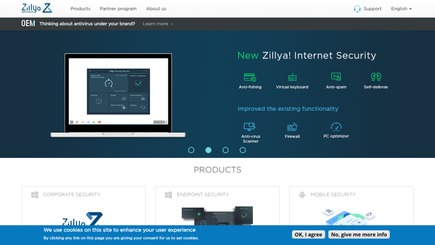 Zillya! Antivirus homepage featuring new Internet Security with anti-fishing, virtual keyboard, anti-spam, and self-defense features