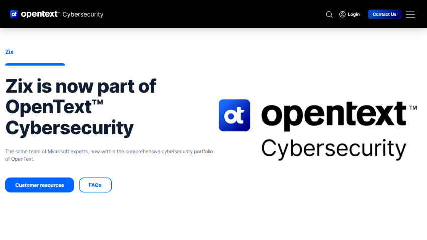 Announcement of Zix joining OpenText Cybersecurity with call-to-action buttons.