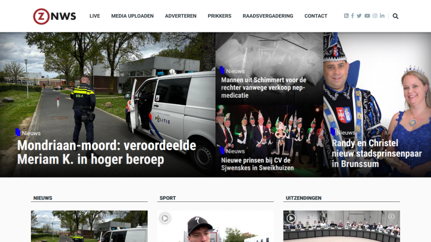 News homepage featuring headlines on Mondriaan murder appeal, fake medicine sale trial, new princes in Sweikhuizen, and new city prince couple in Brunssum.
