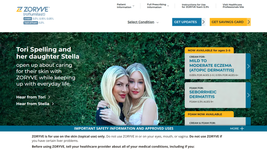 Zoryve skincare site featuring Tori Spelling and daughter Stella discussing eczema treatment options