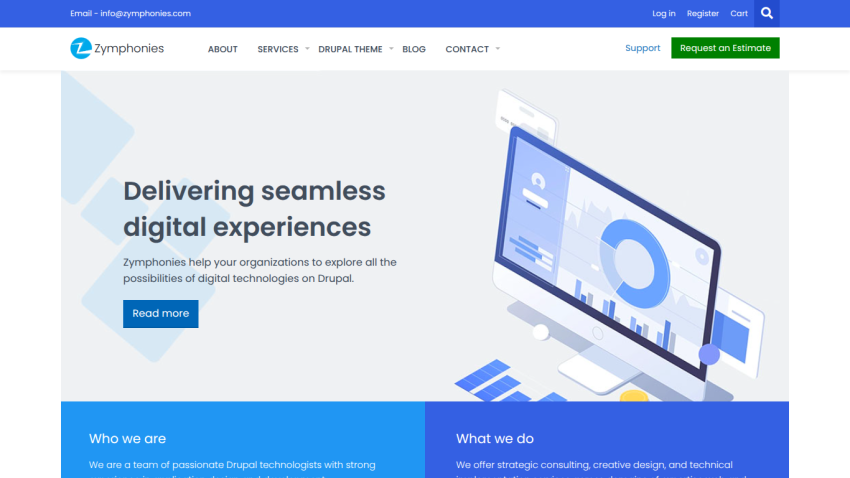 Zymphonies website offering seamless digital experiences with Drupal, featuring consulting and design services