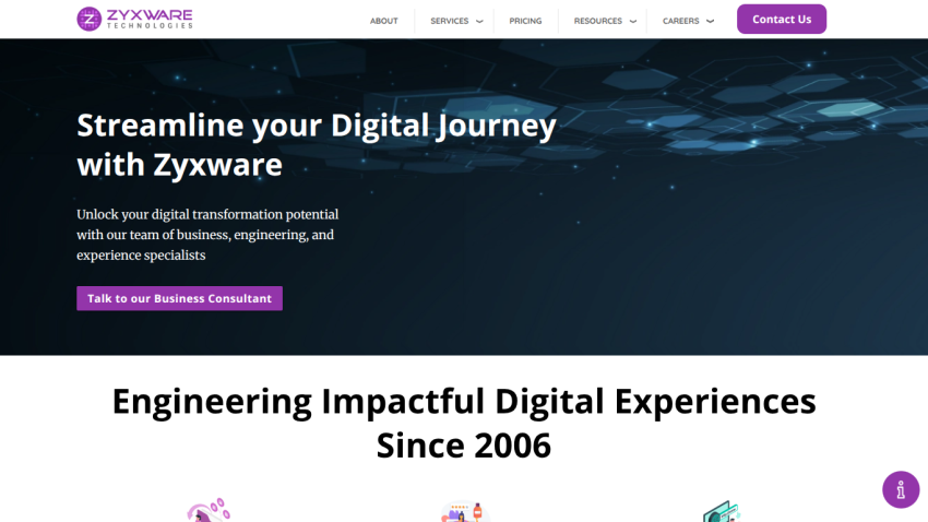 Zyxware Technologies homepage with headline about digital transformation and a call to talk to a business consultant