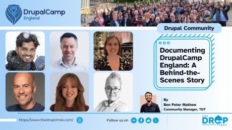 Cover image for the article “Documenting DrupalCamp England: A Behind-the-Scenes Story” contains the mugshots of Rajeev Kumar, Paul Johnson and Jenny Dumitrescu on the top row (left to right) and Alejandro Moreno López, Hannah O'Leary and Hadda Hreidarsdottir on the bottom row (L to R). A skyline ribbon at the top of the image contains the DrupalCamp England Logo and a cropped photograph of the camp delegates outside the venue. At the bottom right, the byline ‘Ben Peter Mathew’ and the author’s mughshot is 