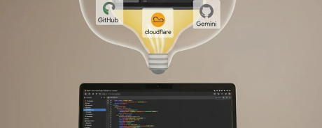 Laptop displaying code in a terminal window. Above it, a translucent bubble contains icons for GitHub, Cloudflare, Gemini, and a server, illustrating an AI-assisted cloud development workflow.