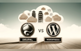 A professional and clean landscape image illustrating a comparison between Drupal and WordPress as CMS options in 2024. The image should show the logo