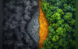 Green forest and burned down forest
