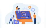 Tiny programmers upgrading operation system of computer isolated flat illustration