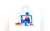 Online education distant courses flat illustration with university graduateOnline education distant courses flat illustration with university graduate